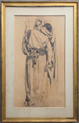 un vieux dessin représentant une femme tenant un enfant dans ses bras