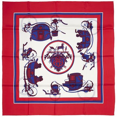 HERMÈS, Carré en twill de soie "Ex-Libris" à fond blanc impr…
