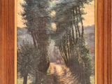 an oil painting of a country road with trees and a house in the distance