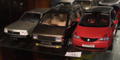 Plusieurs modèles réduits de voitures sont exposés dans une vitrine.