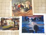 three paintings of houses and a tree on a tile floor