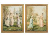 Deux tableaux représentant des femmes en robe sont accrochés au mur.
