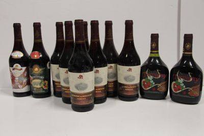 several bottles of wine are lined up on a white surface