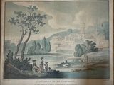 painting of a view of a castle and a body of water with people in it
