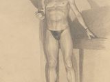 dessin représentant un homme en maillot de bain debout à côté d'une table