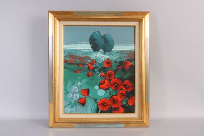 painting of a elephant in a field of red poppies in a gold frame