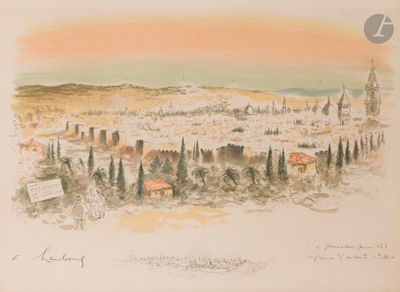 painting of a view of a city with a clock tower in the distance