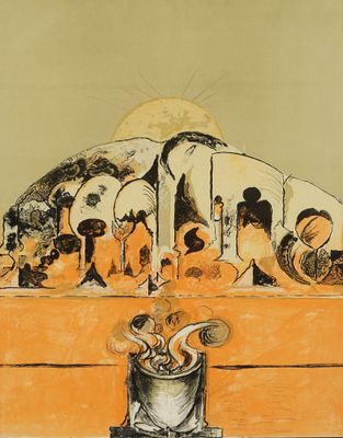 an image of a painting of a man cooking food in a pot