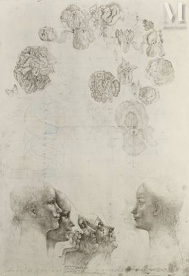 dessin représentant deux têtes, celle d'un homme et celle d'une femme, avec des fleurs dans les cheveux