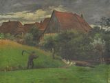 une image d'une peinture représentant un homme et un chien dans un champ