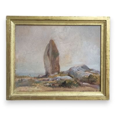 an oil painting of a large rock in the middle of a field