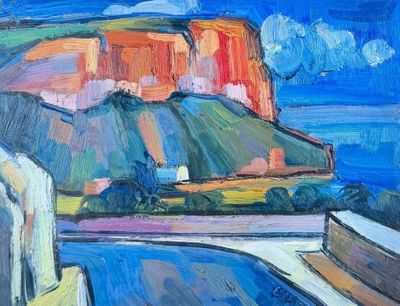une peinture à l'huile représentant une vue sur une montagne et une route
