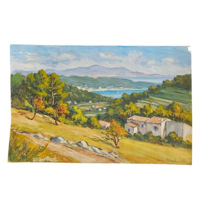 une peinture à l'huile représentant un paysage avec une maison et des arbres