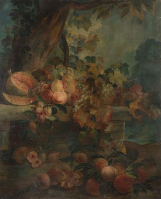 an image of a painting of fruit and flowers on a ledge