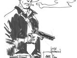dessin représentant un homme coiffé d'un chapeau de cow-boy et tenant un pistolet
