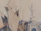 a painting of a boat in the water with a bridge in the background