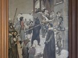 painting of a painting of a group of people in front of a building