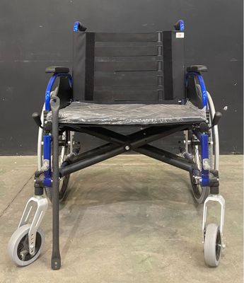 a blue and black wheelchair with wheels and a seat