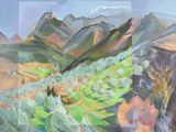 an oil painting of a landscape with mountains in the background