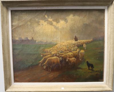 un tableau représentant un troupeau de moutons avec un chien au premier plan