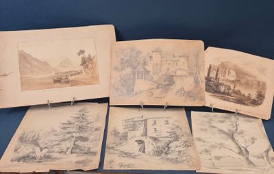 six gravures anciennes représentant des paysages, exposées sur un fond bleu