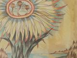 painting of a sunflower with a bear and a ship in the background
