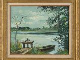 an oil painting of a boat on the water near a dock