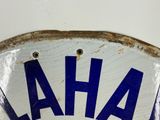 a blue and white sign with the word ah on it