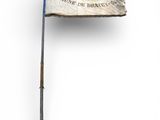 an old flag on a pole on a white surface