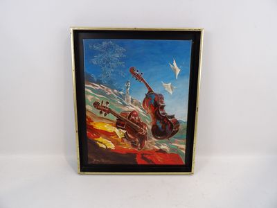 tableau représentant un homme jouant de la guitare sur une plage, avec des oiseaux volant au-dessus de lui