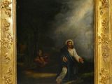 une peinture à l'huile représentant un homme à genoux dans un bosquet