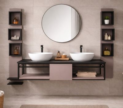 a bathroom with two sinks and a mirror on the wall