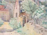 a watercolor painting of a village with a horse and carriage