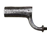 a close up of a metal hook on a white background