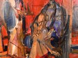 an oil painting of a man sitting in a chair next to a woman in a red dress