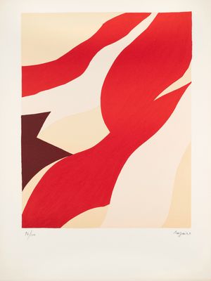 une image représentant une peinture abstraite rouge et blanche dans un cadre blanc