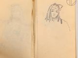 an old book with a drawing of a woman and a man