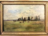 l'image d'une peinture d'un champ avec des arbres en arrière-plan