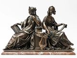 two bronze statues of women sitting on a marble base