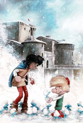 un tableau représentant un garçon et une fille jouant dans la neige