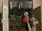 un tableau représentant un homme et une femme debout devant une porte ouverte