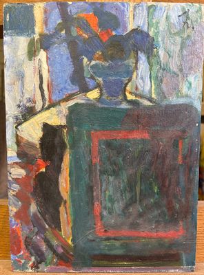 une peinture représentant un vase de fleurs sur une table
