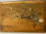 painting of a wooden box with writing on it on a wall