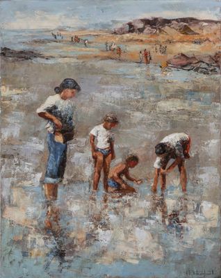 an oil painting of three children playing in the water at the beach