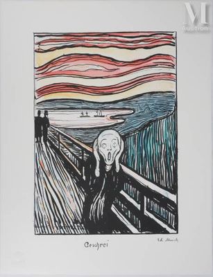 an image of a picture of a painting of a person on a bridge
