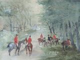 a painting of a group of men riding horses in the woods