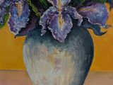 a painting of purple flowers in a vase on a table