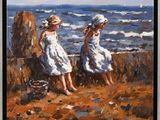 un tableau représentant deux jeunes filles sur la plage, au bord de l'eau