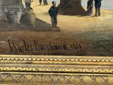 painting of a group of people on a beach with a lighthouse in the background