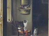 a painting of cats sitting on a chair in front of a table